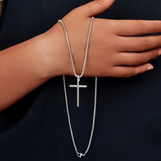 Punk Rock Titanium Steel Silver Long Chain Cross Pendant Necklace for Men Party-0