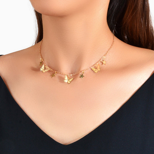 Trendy Gold Chain Star Butterfly Charm Collar Necklace Women Party Decoration-0