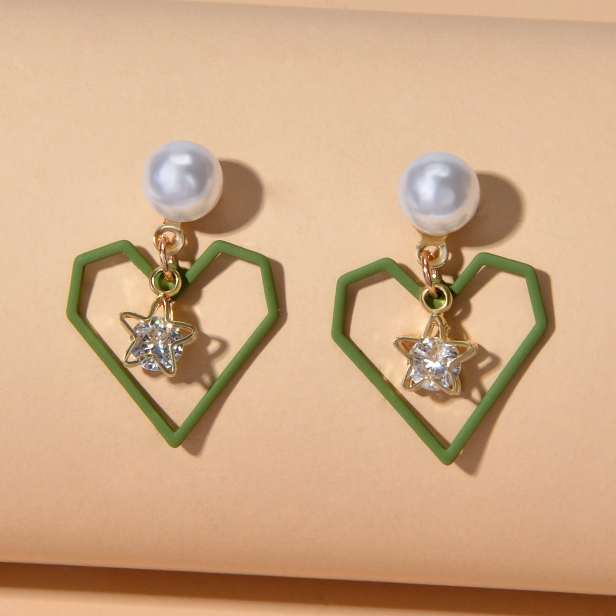 Love Gift for Women Girls Rhinestone Pearl Decor Gold Star Heart Dangle Earrings-0