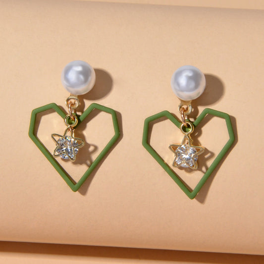 Love Gift for Women Girls Rhinestone Pearl Decor Gold Star Heart Dangle Earrings-0