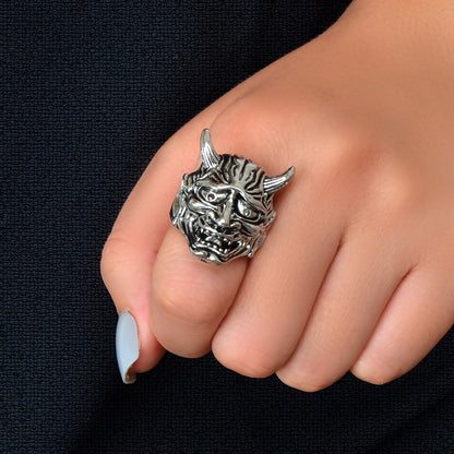 Steampunk Hip Hop Style Antique Silver Exaggerated Monster Head Horn Finger Ring-0