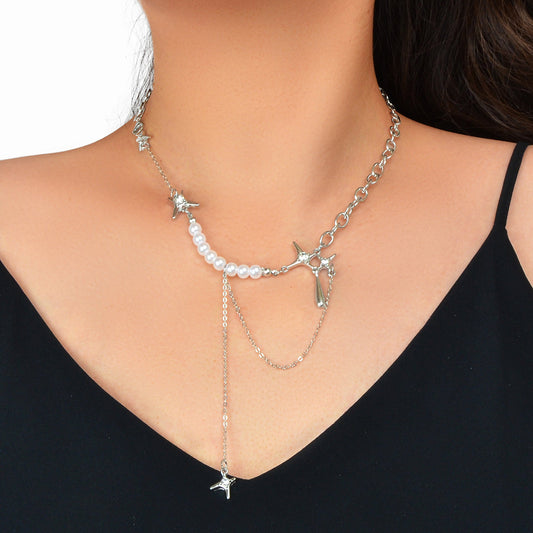 Multiple Silver Chain Star Charm Pearl Decoration Clavicle Necklace Costume Gift-0