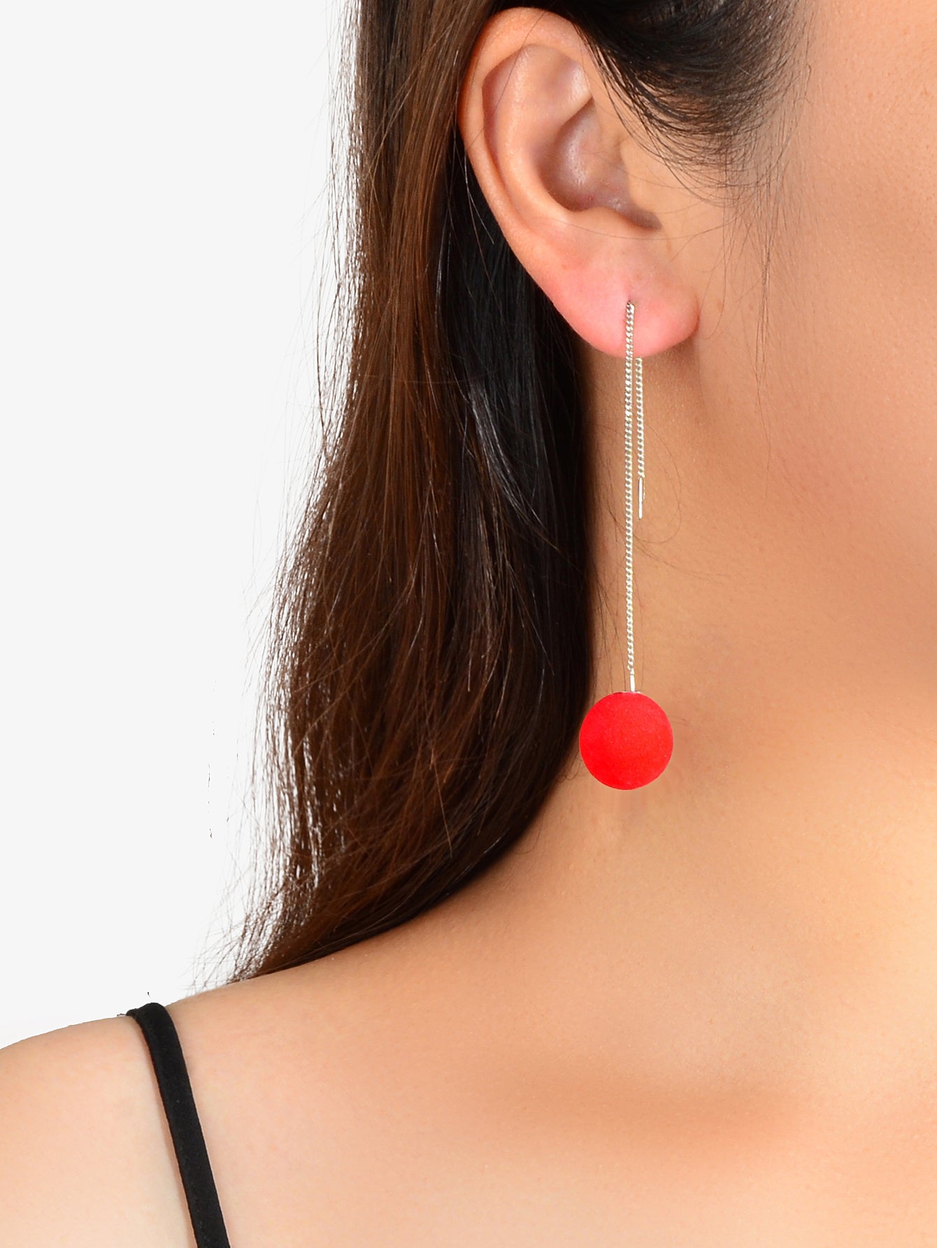 Female Jewelry Silver Long Chain Black Red Ball Dangle Earrings Trendy Accessory-3