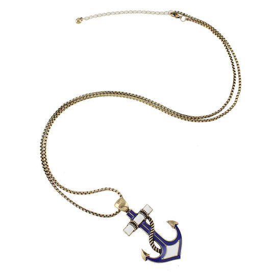 Nautical Jewelry Long Chain White Blue Anchor Pendant Necklace Ocean Accessories-0