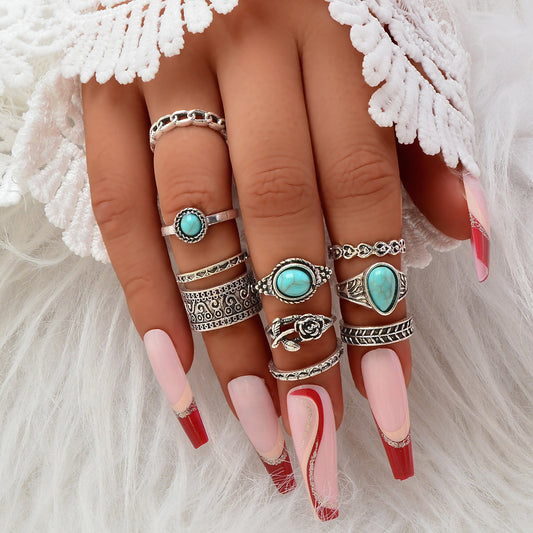 10 pcs Bohemian Antique Silver Turquoise Carved Flower Multiple Midi Rings Set-0
