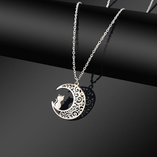Party Jewelry Gift Silver Chain Stainless Steel Hollow Moon Cat Pendant Necklace-0