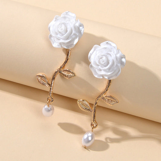 Elegant Resin Flower Leaf Pearl Charm Dangling Classic Stunning Bridal Earrings-0
