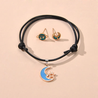 Jewellery set Black Pu Leather Star Moon Charm Adjustable Bracelet Stud Earrings-0