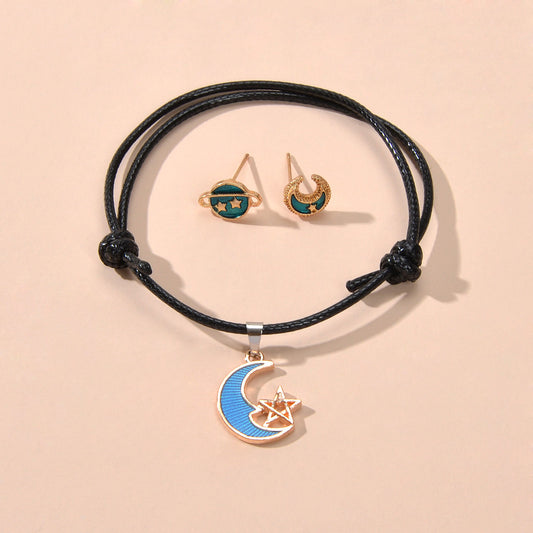 Jewellery set Black Pu Leather Star Moon Charm Adjustable Bracelet Stud Earrings-0