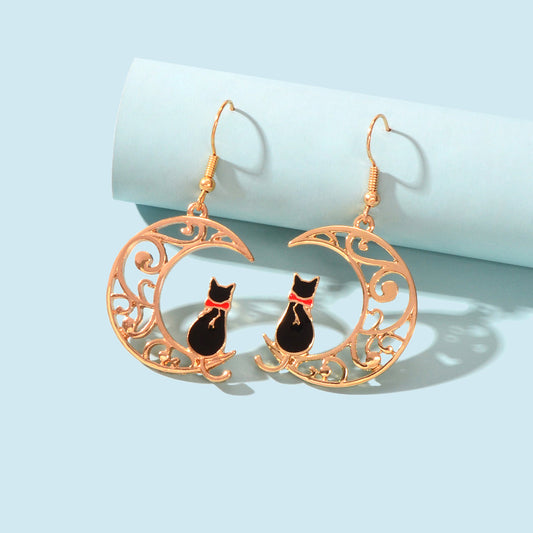Cartoon Design Gold Hollow out Moon Black Cat Dangling Earrings Gift for Women-0