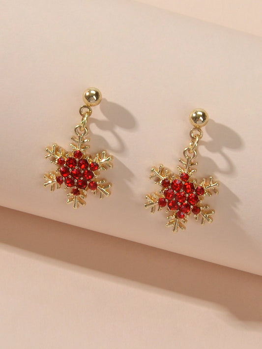 Dainty Gifts for Women Red Black Rhinestone Gold Snowflake Dangle Party Earrings-0
