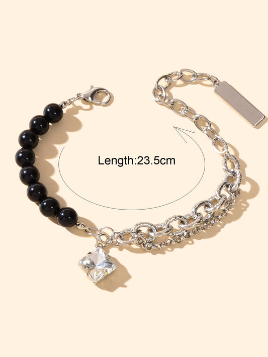 Designer Stylish Multiple Black Beads Silver Chain Square Acrylic Charm Bracelet-1