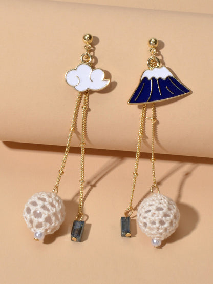 Creative Asymmetric Design Gold Chain Ball White Blue Cloud Mountain Earrings-0