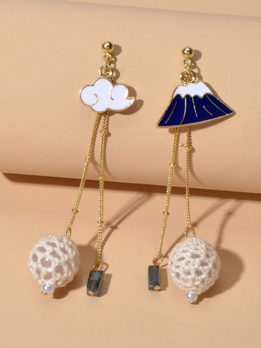 Creative Asymmetric Design Gold Chain Ball White Blue Cloud Mountain Earrings-0