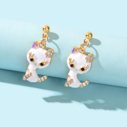 Lovely Cartoon Design Rhinestone White Enamel Cat Pendant Stud Pierced Earrings-0