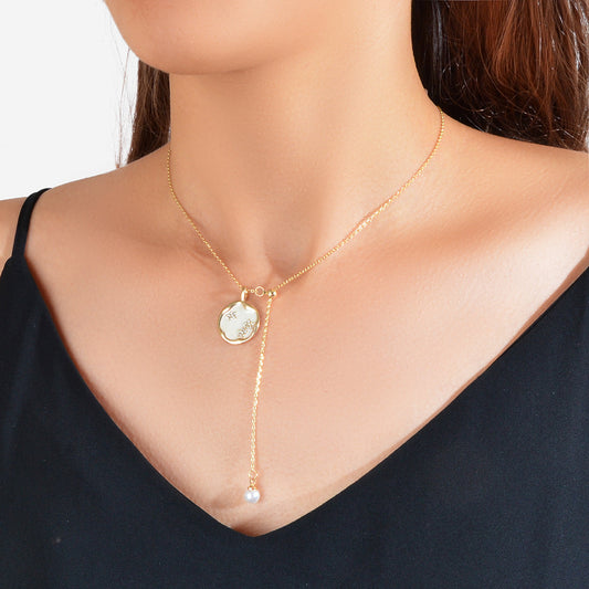 Exquisite Jewellery Gold Chain White Round Pendant Pearl Charm Y shape Necklace-0