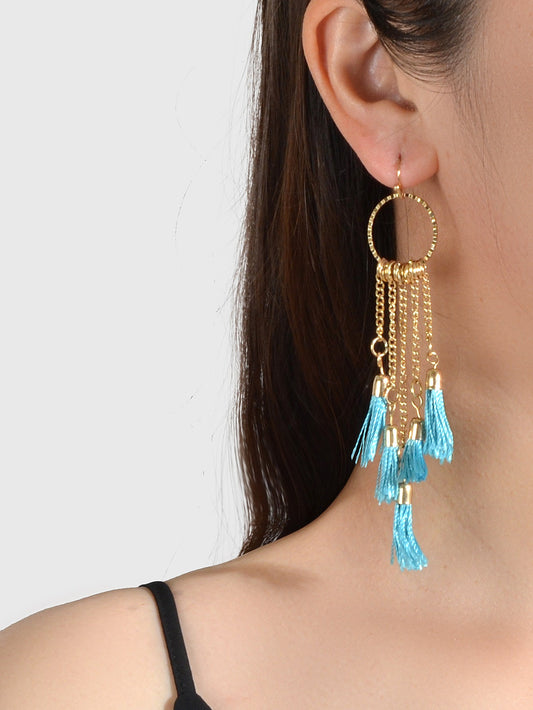 American Jewellery Ethnic Blue Tassel Long Gold Chain Dangle Bohemian Earrings-0