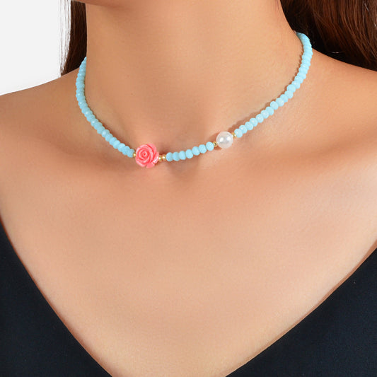 Pearl Red Resin Flower Decoration Blue Beads Short Collar Clavicle Necklace Gift-0