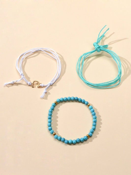 Ethnic Jewellery 3 pcs White Blue Rope Turquoise Elastic Bohemian Bracelets set-1