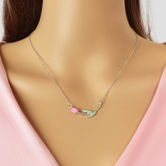 Elegant Silver Chain Green Leaf Pink Tulip Flower Pendant Anniversary Necklace-0