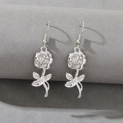 Party Decoration Women Silver Plated Flower Rose Carved Dangle Pendant Earrings-0