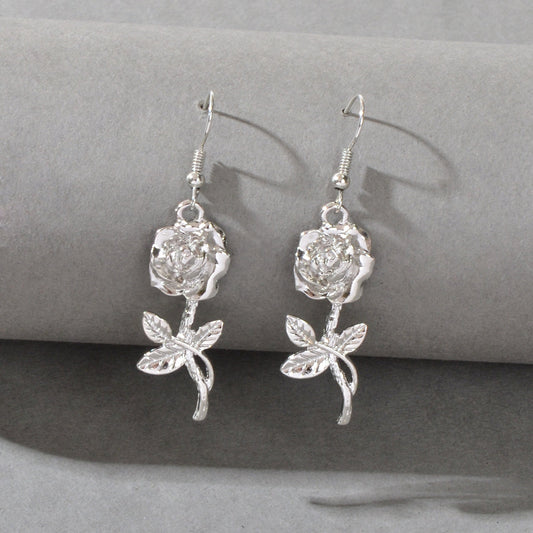Party Decoration Women Silver Plated Flower Rose Carved Dangle Pendant Earrings-0