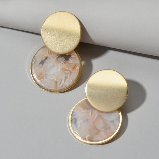 Mottled Resin Round Gold Disc Geometric Stud Multicolour Marbled Drop Earrings-0