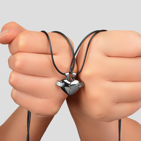 Couples Friendship Jewellery Set Pu Leather Black Magnetic Lovers Heart Necklace-0