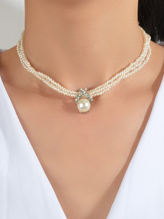Retro Multi-layer Entangled Pearl Wedding Collar Necklace Beautiful Jewellery-0