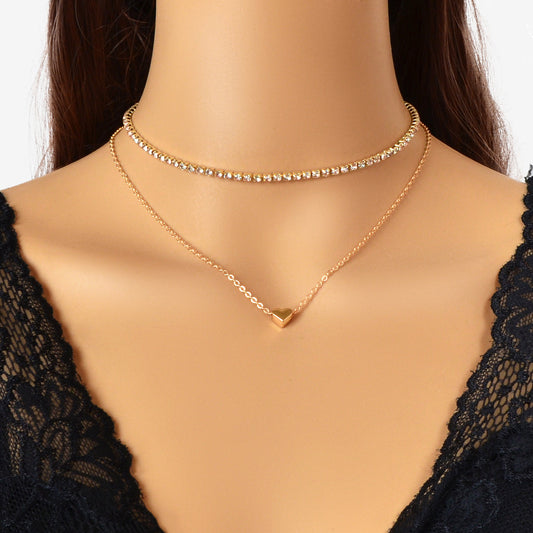 2 pcs Full Rhinestone Short Choker Heart Pendant Trendy Layered Dainty Necklace-0