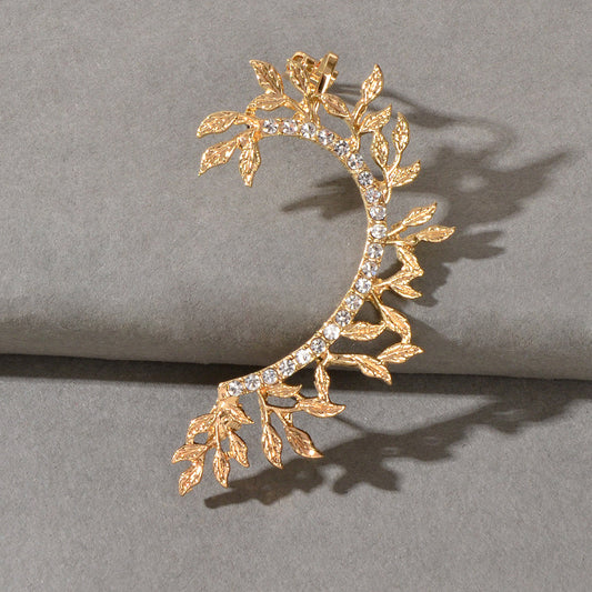 1 pc Rhinestone Decor Leaf Design Wrap Around Clip Earrings Cartilage Ear Cuff-1