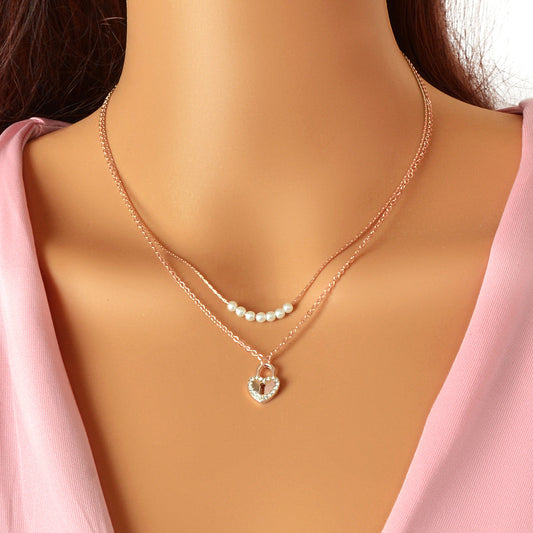 Double Layer Rose Gold Chain String Pearl Heart Lock Pendant Necklace Girlfriend-0