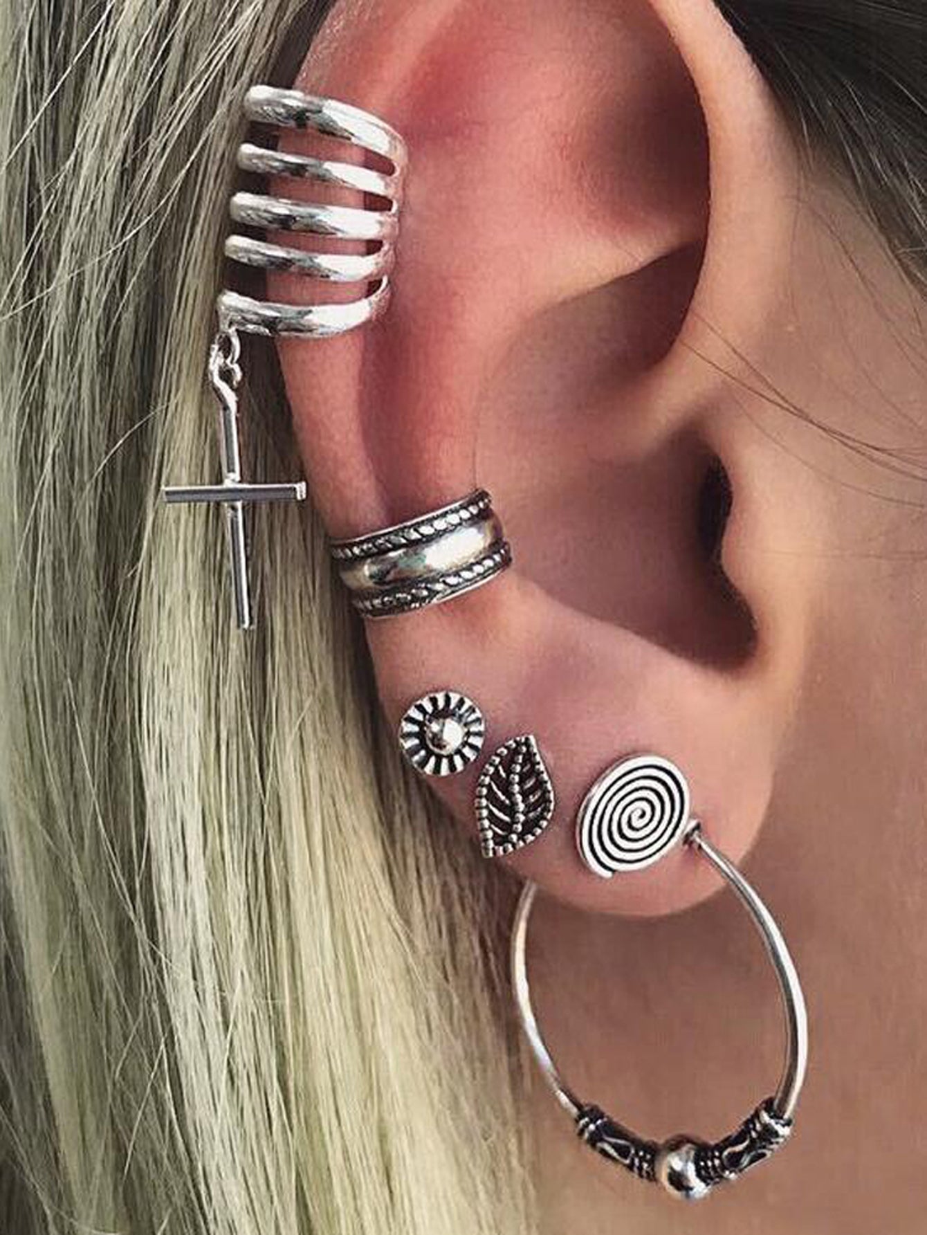 6 pcs Tribal Ethnic Antique Circle Cross Oxidized Intricate Hoop Stud Ear Cuff-0