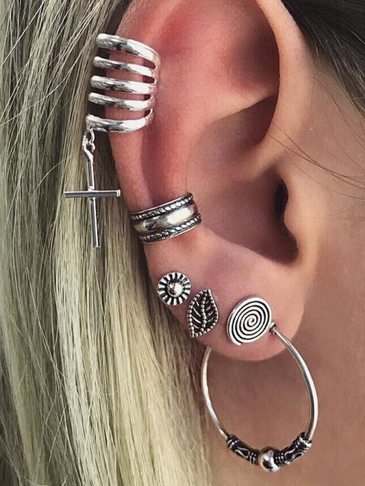 6 pcs Tribal Ethnic Antique Circle Cross Oxidized Intricate Hoop Stud Ear Cuff-0