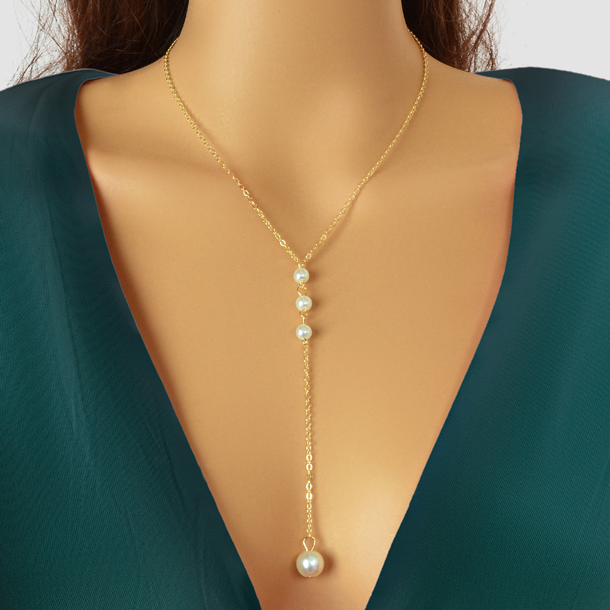 Dinner Jewellery Gold Chain Y Style Pearl Decor Long Pendant Lariat Necklace-0