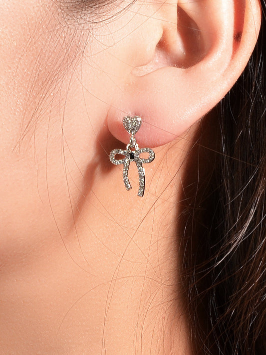 Luxury Full Rhinestone Silver Heart Bowknot Dangle Earrings Engagement Jewellery-0