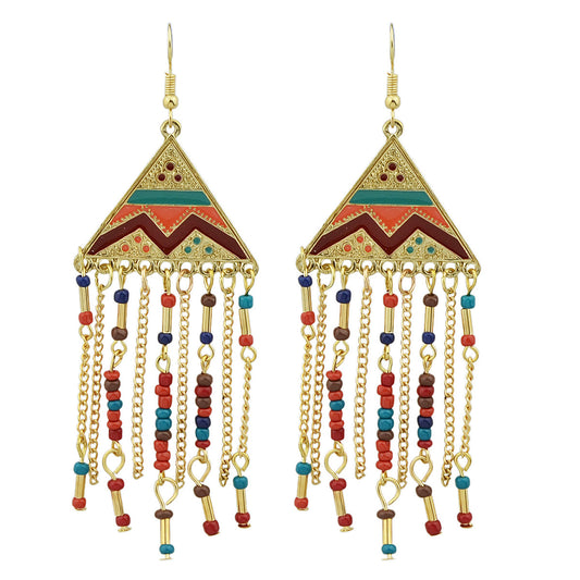 Triangle Colourful Enamel Beads Long Chain Tassel Ethnic Jewellery Boho Earrings-0