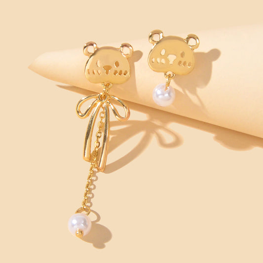 Asymmetrical Pearl Decoration Gold Long Chain Bear Dangle Stud Pierced Earrings-0
