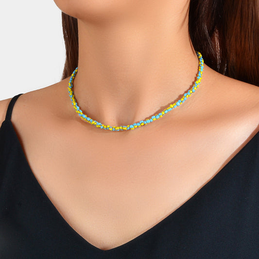 Boho Chic Handmade Blue Yellow Multi-colored Beads Collar Short Ethnic Necklace-0