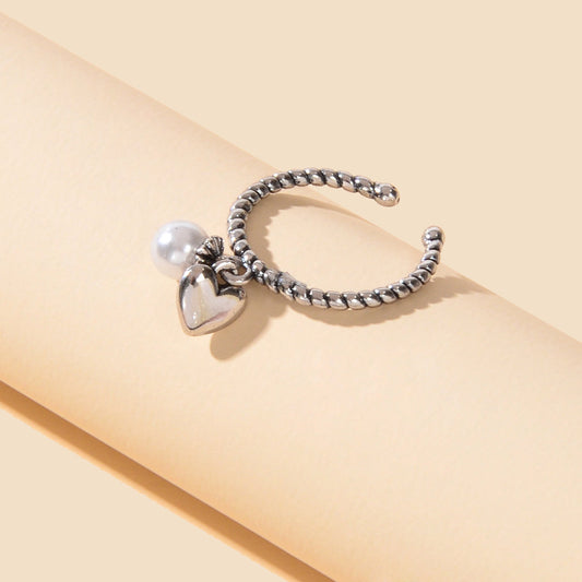 Vintage Silver Statement Antique Pearl Heart Charm Open Cuff Ring Women's Band-0