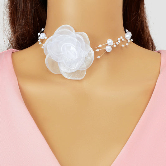 Romantic Jewellery Multi-layer Pearl Chain White Flower Choker Floral Necklace-0