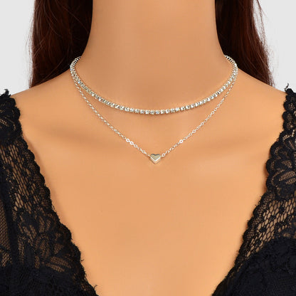 2 pcs Full Rhinestone Short Choker Heart Pendant Trendy Layered Dainty Necklace-4