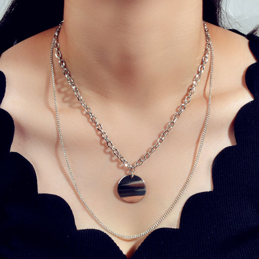 Statement Jewelry Double layer Silver Long Chain Geometric Round Charm Necklace-0