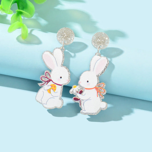 Glitter Bunny Earrings Cute Rabbit Stud Easter Egg Flower Holiday Gift Jewellery-0