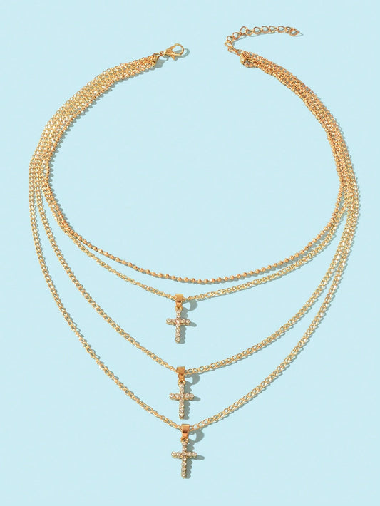 Unique Design Rhinestone Multi-layer Gold Silver Chain Cross Pendant Necklace-1