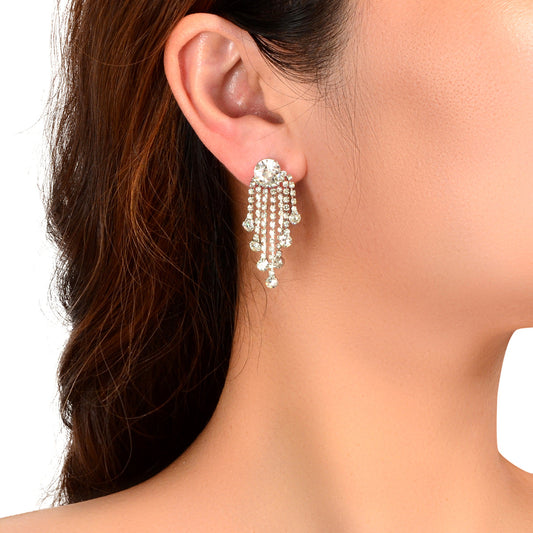 Shiny Bridal Cubic Zirconia Tassel Silver Chain Chandelier Charm Fringe Earrings-0