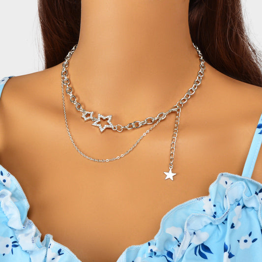 Designer Style Rhinestone Decor Gold Layered Chain Star Charm Clavicle Necklace-0