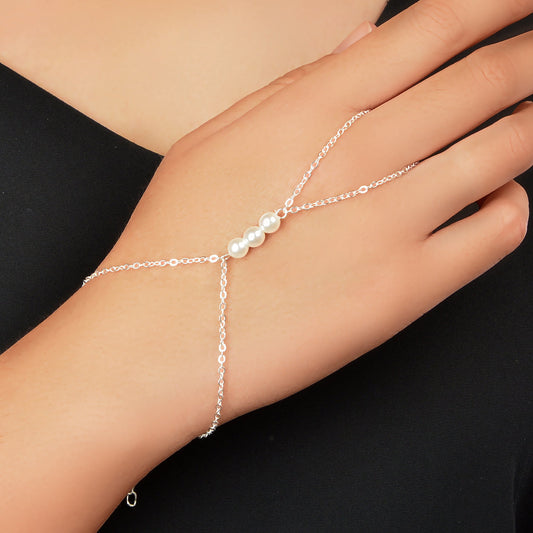 Boho Silver Hand Chain Finger Ring Harness Adjustable Slave Bracelet with Pearl-0