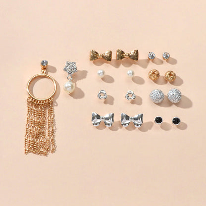 9 pairs Bowknot Rhinestone Pearl Stud Flower Tassel Chain Dangle Earrings Gift-0