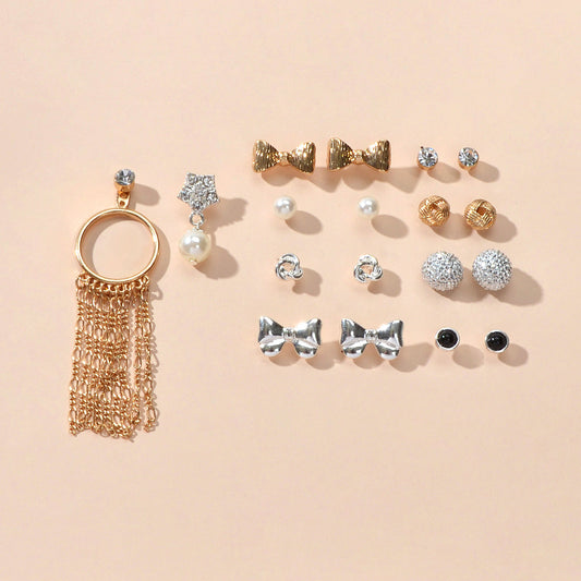 9 pairs Bowknot Rhinestone Pearl Stud Flower Tassel Chain Dangle Earrings Gift-0